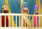  3girls blonde_hair breasts curly_hair dress elbow_gloves female gloves lipstick long_ears long_gloves makeup purple_eyes red_dress sofia sofia_(space_dandy) space_dandy standing tiara trio 