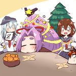  1boy 3girls :d admiral_(kantai_collection) amagaeru_(hylathewet) anchor anchor_symbol bell brown_hair christmas christmas_tree closed_eyes decorations eyebrows eyebrows_visible_through_hair fang food fruit hair_bell hair_ornament hair_ribbon hairclip hat hatsuharu_(kantai_collection) headgear hibiki_(kantai_collection) hikimayu ikazuchi_(kantai_collection) kantai_collection kotatsu little_boy_admiral_(kantai_collection) long_hair mandarin_orange mole mole_under_eye multiple_girls open_mouth peaked_cap pine_tree ponytail purple_hair remodel_(kantai_collection) ribbon school_uniform serafuku short_eyebrows short_hair skirt sleeping smile star table tree v-shaped_eyebrows very_long_hair white_hair wide_oval_eyes zzz 