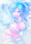  bikini blue_eyes blue_hair breasts cape cleavage elbow_gloves fur_trim gloves golden_sun hair_ribbon large_breasts long_hair mary_(golden_sun) naso4 open_mouth ribbon solo staff swimsuit thighhighs white_bikini white_gloves white_legwear 