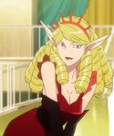  1girl blonde_hair breasts curly_hair dress edit elbow_gloves female gloves lipstick long_ears long_gloves makeup narcissist purple_eyes red_dress sofia sofia_(space_dandy) solo space_dandy standing tiara 