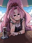  alternate_costume amagaeru_(hylathewet) cloud cup day drink drinking drinking_glass drinking_straw eyebrows hair_ornament hand_on_own_cheek hand_on_own_face hatsuharu_(kantai_collection) head_rest highres ice ice_cube jewelry kantai_collection long_hair looking_at_viewer ponytail purple_eyes purple_hair ring short_eyebrows sky smile solo table umbrella very_long_hair wedding_band 