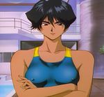  1girl black_hair breasts brown_eyes crossed_arms female golden_boy hayamizu_ayuko lipstick makeup screencap short_hair solo standing stitched swimsuit 