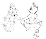  2015 anthro black_and_white breasts butt clothed clothing duo female flashing forsburn fur hyena knife male male/female mammal maypul monochrome nude raccoon rivals_of_aether shocked weapon 