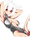  animal_ears armpits arms_behind_back blush breasts breasts_apart covered_nipples front_zipper_swimsuit inubashiri_momiji kaminari large_breasts looking_at_viewer meme_attire midriff navel one-piece_swimsuit red_eyes sagging_breasts short_hair silver_hair simple_background smile solo swimsuit tail touhou white_background wolf_ears wolf_tail 