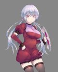  black_legwear breasts detached_sleeves dlxo626.ru grey_background highres jewelry large_breasts long_hair necklace pendant puffy_short_sleeves puffy_sleeves purple_eyes senki_zesshou_symphogear short_sleeves silver_hair solo symphogear_pendant thighhighs twintails yukine_chris 