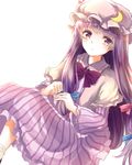  bow capelet crescent dress hair_ribbon hat kashiwagi_chisame long_hair long_sleeves looking_at_viewer mob_cap patchouli_knowledge purple_dress purple_eyes purple_hair ribbon sitting solo striped striped_dress touhou tress_ribbon very_long_hair wide_sleeves 