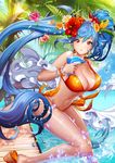  bikini blue_hair bracelet breasts cleavage collarbone cowboy_shot flower hair_flower hair_ornament hibiscus jewelry large_breasts long_hair looking_at_viewer looking_to_the_side luthica_preventer orange_bikini palm_tree parted_lips red_eyes ribbon side-tie_bikini sindy solo splashing sunlight swimsuit sword_girls tree twintails very_long_hair water 