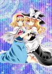  alice_margatroid apron ascot blonde_hair blue_eyes blush braid capelet couple hairband hat hug kirisame_marisa long_hair multiple_girls one_eye_closed open_mouth sakuragawa_chiki short_hair side_braid smile touhou waist_apron witch_hat yuri 