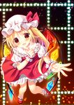  bad_id bad_pixiv_id blonde_hair bow danmaku fang flandre_scarlet hat hat_bow licoco mob_cap open_mouth pointing red_eyes side_ponytail solo touhou wings wrist_cuffs 