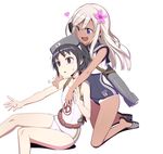  2girls arm_grab black_eyes black_hair blonde_hair caryo choker crop_top diving_mask diving_mask_on_head flower hair_flower hair_ornament heart kantai_collection kneeling long_hair long_legs maru-yu_(kantai_collection) multiple_girls nanashino one-piece_swimsuit open_mouth ro-500_(kantai_collection) sandals school_swimsuit short_hair simple_background sitting sweat swimsuit swimsuit_under_clothes tan tanline tears torpedo white_background white_school_swimsuit white_swimsuit 