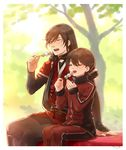  alternate_costume border brown_hair commentary_request dango earrings eating food horikawa_kunihiro izumi-no-kami_kanesada jacket japanese_clothes jewelry long_hair male_focus mizuhara_aki multiple_boys open_mouth pants sanshoku_dango sitting skewer stud_earrings touken_ranbu track_jacket track_pants track_suit tree wagashi white_border 