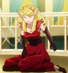  1girl blonde_hair breasts curly_hair dress elbow_gloves female gloves heels lipstick long_ears long_gloves makeup narcissist purple_eyes red_dress sitting sofia sofia_(space_dandy) solo space_dandy tiara 