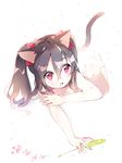  all_fours animal_ears atsumi_jun black_hair bow cat_ears cat_tail cattail hair_bow kemonomimi_mode love_live! love_live!_school_idol_project open_mouth plant red_eyes solo tail twintails yazawa_nico 