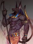  abs abstract_background anubis armband biceps big_ears black_fur bodybuilder clothed clothing collar deity detailed egyptian fangs fur furymanura half-dressed jewels male muscles nipples pecs portrait pose small_eyes solo standing stick teeth toned topless vein 