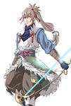  bow_(weapon) brown_hair fire_emblem fire_emblem_if fuujin_yumi gloves long_hair male_focus minato_(robin) ponytail red_eyes solo takumi_(fire_emblem_if) weapon white_background yumi_(bow) 