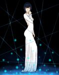  backless_dress backless_outfit black_hair chris_re5 closed_eyes dress eyebrows from_side full_body hand_on_own_face highres kill_la_kill kiryuuin_satsuki life_fiber long_dress short_hair solo sparkle standing thick_eyebrows white_dress 