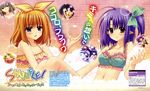  ahoge bath bikini blue_eyes blush bow breasts bubble cleavage daisy_(shuffle!) frilled_bikini frills fuyou_kaede hair_ribbon kareha medium_breasts multiple_girls nishimata_aoi orange_hair pointy_ears polka_dot polka_dot_bikini polka_dot_swimsuit ponytail primula purple_eyes purple_hair ribbon ruri_matsuri scan short_hair shuffle! shuffle!_essence+ side_ponytail sitting smile soap swimsuit yae_sakura 