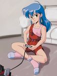  80s ahoge bandaid bandaid_on_knee blue_hair canadawbd earrings famicom game_console green_eyes highres indian_style izumi_konata jewelry lucky_star mole mole_under_eye oldschool overalls pink_legwear playing_games sitting slippers smile socks solo 