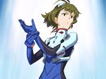  akizuki_ryou antenna_hair brown_eyes brown_hair cosplay hands idolmaster idolmaster_dearly_stars ikari_shinji ikari_shinji_(cosplay) neon_genesis_evangelion parody plugsuit shimoigusa short_hair solo 