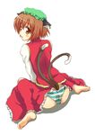  animal_ears ass bad_id bad_pixiv_id blush brown_eyes brown_hair cat_ears cat_tail chen dassyoku hat looking_back multiple_tails panties short_hair simple_background sitting solo striped striped_panties tail touhou underwear wariza 