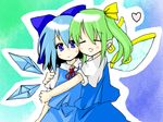  blue_hair cirno closed_eyes daiyousei green_hair heart hug multiple_girls raika_fuugetsu side_ponytail touhou wings 