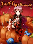  a-ka brown_hair bunny doll halloween happy_halloween nagato_yuki needle orange_eyes pincushion pumpkin short_hair solo striped striped_legwear stuffed_animal stuffed_toy suzumiya_haruhi_no_yuuutsu teddy_bear thighhighs 