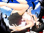  black_hair black_wings feathers haruyonoto hat lens_flare looking_at_viewer red_eyes shameimaru_aya short_hair skirt solo touhou wings 