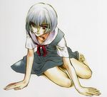  artbook ayanami_rei barefoot hands highres neon_genesis_evangelion okazaki_takeshi scan school_uniform solo 