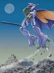  dunbine floating flying mecha moon mountain night no_humans rock seisenshi_dunbine sky sword tomoshiki weapon 