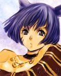  animal_ears bad_id bad_pixiv_id blue_hair breasts brown_eyes cat_ears choker cleavage doraeshi facial_mark final_fantasy final_fantasy_xi jewelry large_breasts mithra necklace portrait short_hair solo 