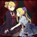  bad_id bad_pixiv_id blonde_hair blue_eyes brown_eyes folded_ponytail fullmetal_alchemist gothic_lolita hat lolita_fashion long_hair mini_hat mini_top_hat multiple_girls ponytail riru riza_hawkeye top_hat winry_rockbell 