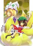  animal_ears blonde_hair brown_hair cat_ears cat_tail chen earrings fox_tail hat highres jewelry multiple_girls multiple_tails non-web_source short_hair tail touhou yakumo_ran yellow_eyes 
