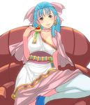  bad_id bad_pixiv_id blue_eyes blue_hair bow breasts cleavage dragon_quest dragon_quest_v earrings flora half_updo jewelry large_breasts masao pink_bow sitting solo thighhighs 