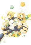  1girl aqua_eyes back-to-back bad_id bad_pixiv_id blonde_hair brother_and_sister flower hair_ornament hair_ribbon hairclip headphones kagamine_len kagamine_rin matsyumaro necktie ribbon short_hair shorts siblings sitting smile twins vocaloid yellow_neckwear 