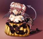  alto-00 bent_over breast_press breasts brown_hair cleavage collar earrings elbow_gloves gloves halloween highres jack-o'-lantern jack-o'-lantern_earrings jewelry large_breasts original pointy_ears pumpkin see-through solo tail thighhighs twintails wings 