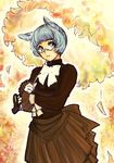  animal_ears bad_id bad_pixiv_id blue_hair bow cat_ears doraeshi glasses grey_eyes leaf original parasol solo umbrella 