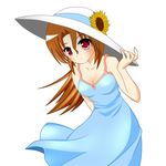  blush breasts brown_hair cleavage dress flower hair_down hat hayate_no_gotoku! long_hair maria_(hayate_no_gotoku!) medium_breasts red_eyes shuu_(sm) simple_background smile solo sundress sunflower white_background 