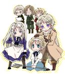  4boys axis_powers_hetalia belarus_(hetalia) blush chibi estonia_(hetalia) highres knife kuro_haru latvia_(hetalia) lithuania_(hetalia) military military_uniform multiple_boys multiple_girls pantyhose pitchfork polearm russia_(hetalia) scarf trident ukraine_(hetalia) uniform weapon 