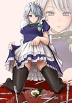  absurdres apron black_legwear blood blue_eyes bow braid dress dress_lift flower foreshortening grey_hair hair_bow hairband hands highres izayoi_sakuya kneeling knife maid maid_headdress ribbon short_hair silver_hair skirt skirt_lift solo takebi thighhighs touhou twin_braids zettai_ryouiki zoom_layer 