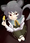  animal_ears bad_id bad_pixiv_id cheese food from_above glowing glowing_eyes grey_hair grin mouse_ears mouse_tail nazrin nobori_ranzu red_eyes short_hair smile smirk solo tail touhou 