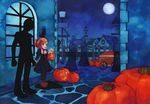  full_moon ghost holding_hands jack-o'-lantern moon original pumpkin silhouette town tozaki_makoto 