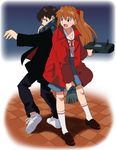  1girl ayanashi_kunio back-to-back bag blue_eyes brown_hair coat hair_ornament ikari_shinji long_hair neon_genesis_evangelion open_mouth orange_hair scarf school_uniform socks souryuu_asuka_langley winter_clothes winter_coat 