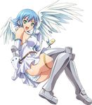  angel angel_wings armor armored_boots blue_hair boots breasts dress full_body gauntlets green_eyes looking_at_viewer medium_breasts nanael official_art open_mouth panties queen's_blade short_hair sideboob sleeveless sleeveless_dress solo transparent_background underwear white_dress white_panties wings 