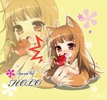  animal_ears apple barefoot blush brown_hair chibi food fruit holding holding_food holding_fruit holo long_hair nude open_mouth red_eyes saliva solo spice_and_wolf sugaro tail wolf_ears worms zoom_layer 