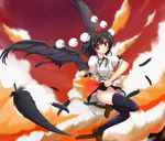  black_hair black_wings geta hat highres looking_at_viewer mizuki_saeka panties red_eyes shameimaru_aya short_hair skirt solo tengu-geta thighhighs tokin_hat touhou underwear wings 