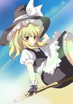  blonde_hair blush broom broom_riding brown_eyes hat kirisame_marisa long_hair miracle sidesaddle solo touhou witch_hat 