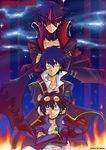  bandages core_drill costume_chart crossed_arms drill fire goggles goggles_on_head gunbuster_pose jacket male_focus multiple_persona noritake simon space star_shades sunglasses tengen_toppa_gurren_lagann time_paradox younger 