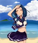  beach blue_hair blush closed_eyes day hands midriff navel necktie original outdoors school_uniform see-through serafuku shading_eyes shirt skirt smile solo twintails wet wet_clothes wet_shirt zukaketawagase 