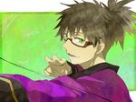 bespectacled black_hair cocoa77 glasses green_background green_eyes male_focus ponytail raven_(tales) smile solo tales_of_(series) tales_of_vesperia 