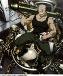  artist_request batou cyborg ghost_in_the_shell ghost_in_the_shell_stand_alone_complex highres male_focus mecha muscle official_art parts_exposed ponytail solo tachikoma white_hair 